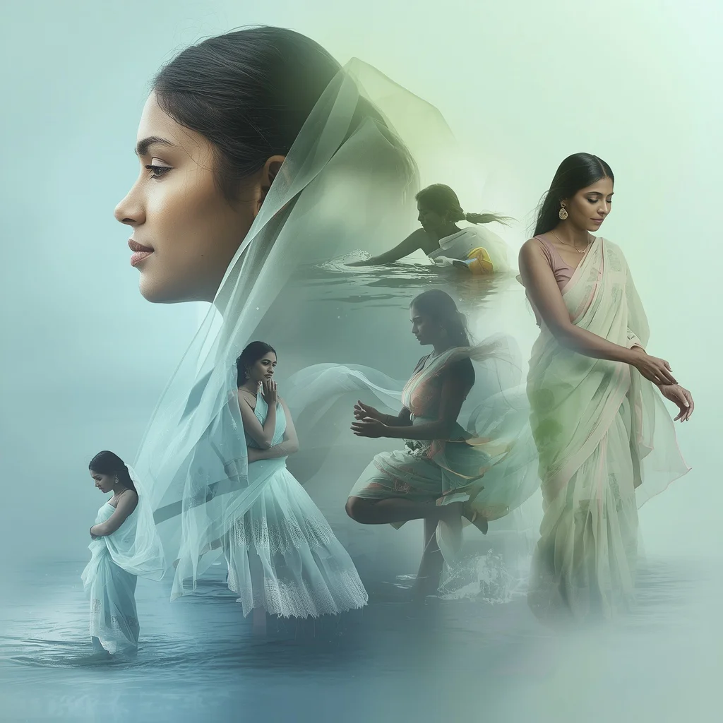 Flow of Life: An Indian Woman's Natural Evolution with Watery Gradients — AI image prompt