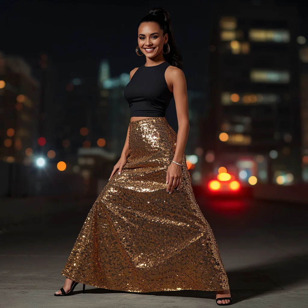 Glamorous Statement: A Gold Sequin Maxi Skirt — AI image prompt