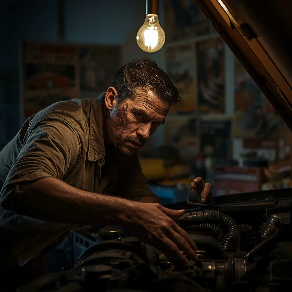 Gritty Mechanic's Intense Focus in a Dimly Lit Garage — AI image prompt