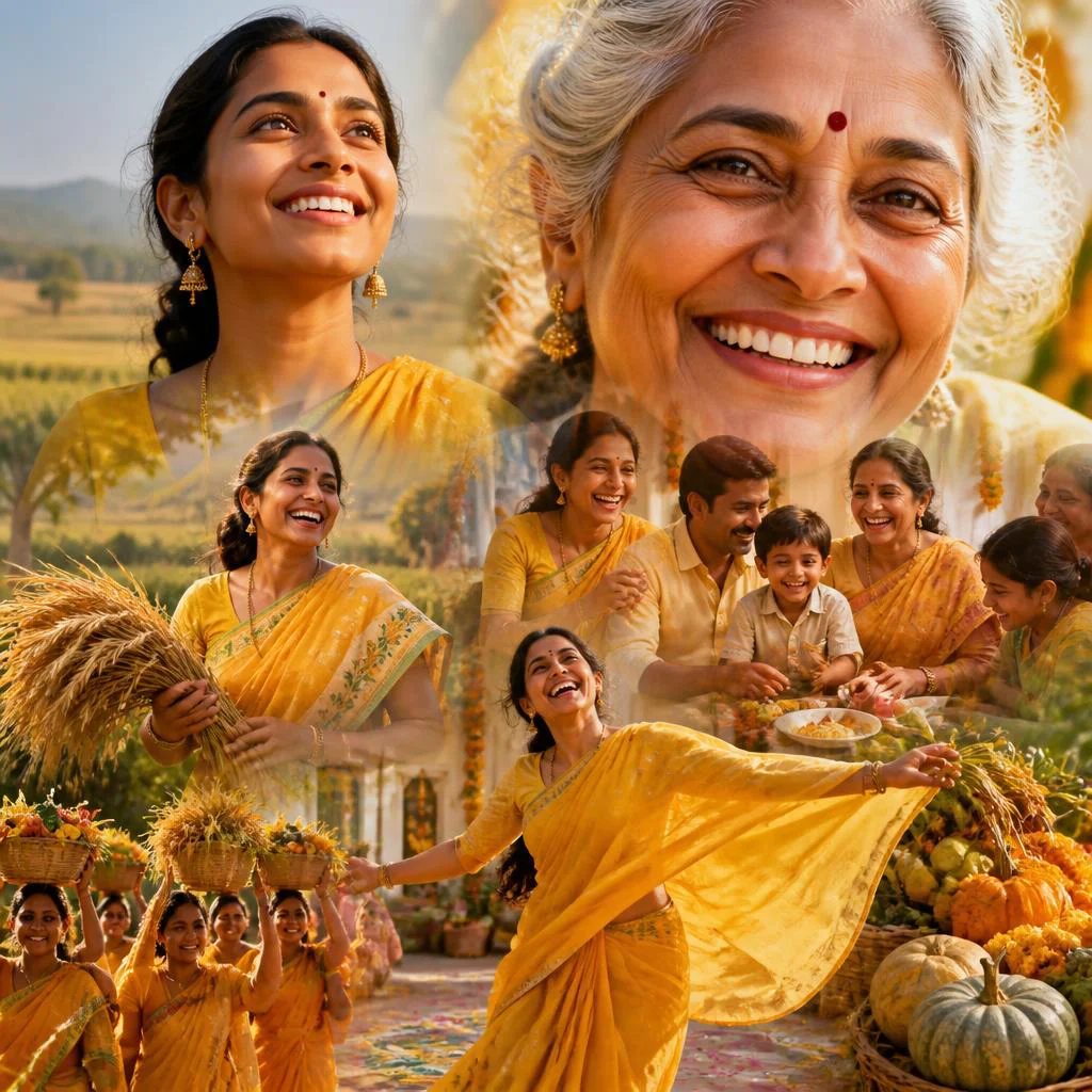 Harvest of Joy: An Indian Woman's Abundant Life Celebrated — AI image prompt