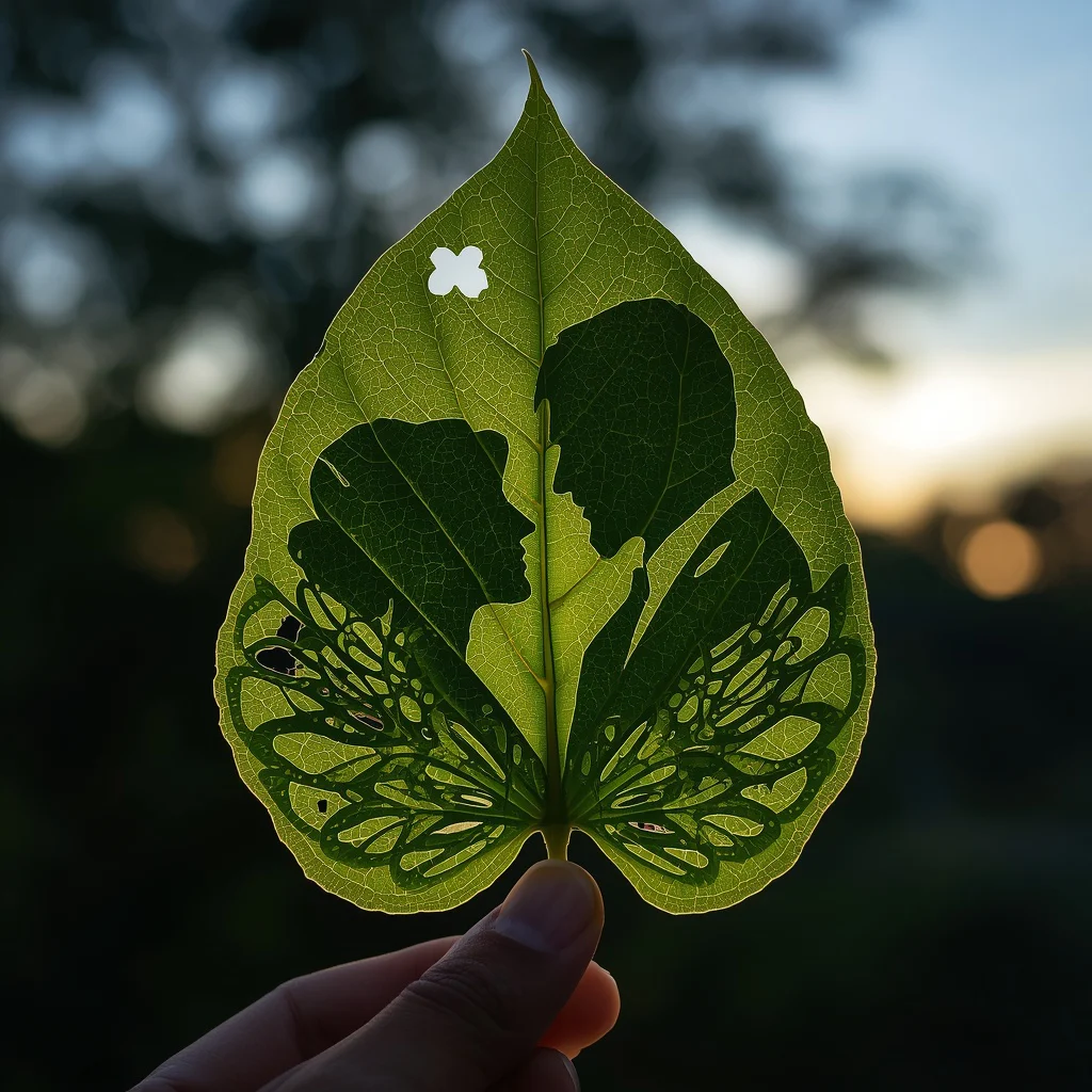 Intricate Leaf-Cut Silhouette of a Couple's Romantic Embrace — AI image prompt