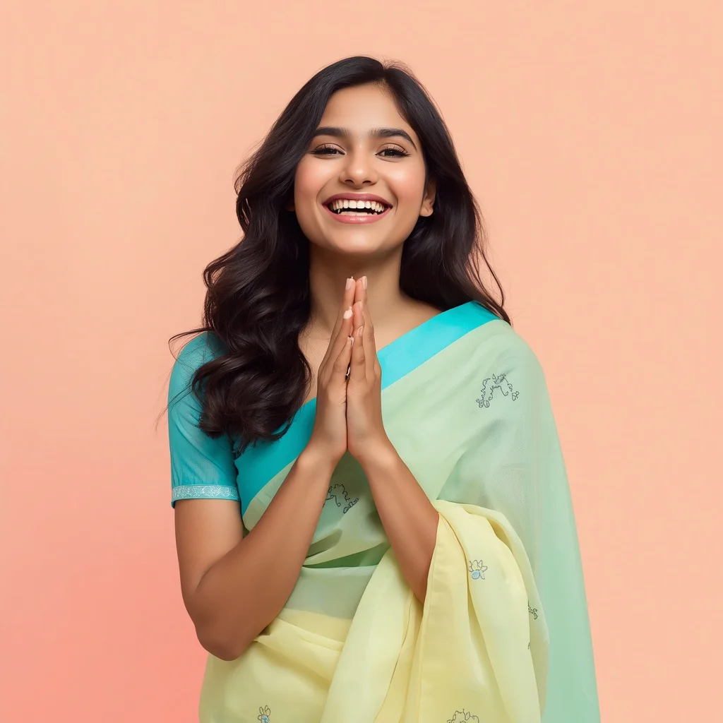 Joyful Indian Woman with Hands Clasped in a Playful Pastel Saree — AI image prompt