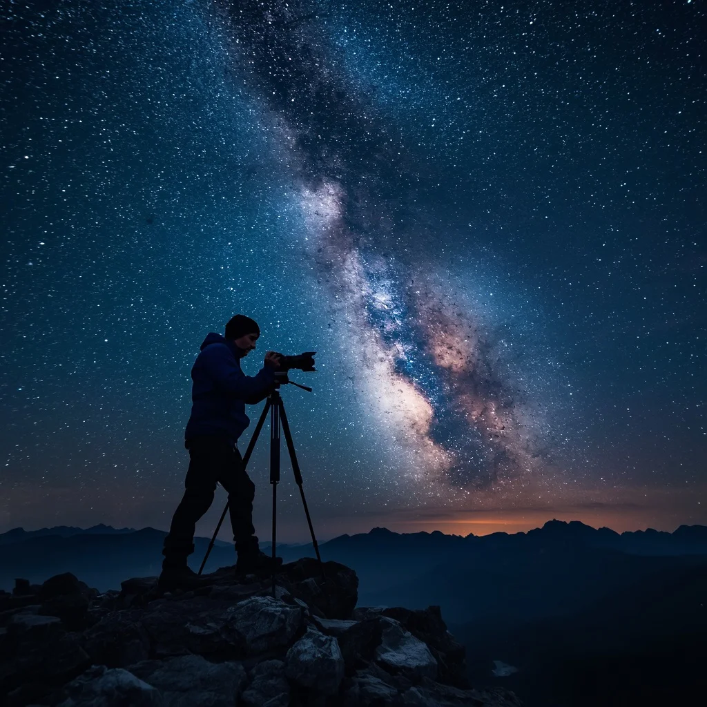 Man Capturing the Milky Way with a Camera on a Mountain Peak — AI image prompt