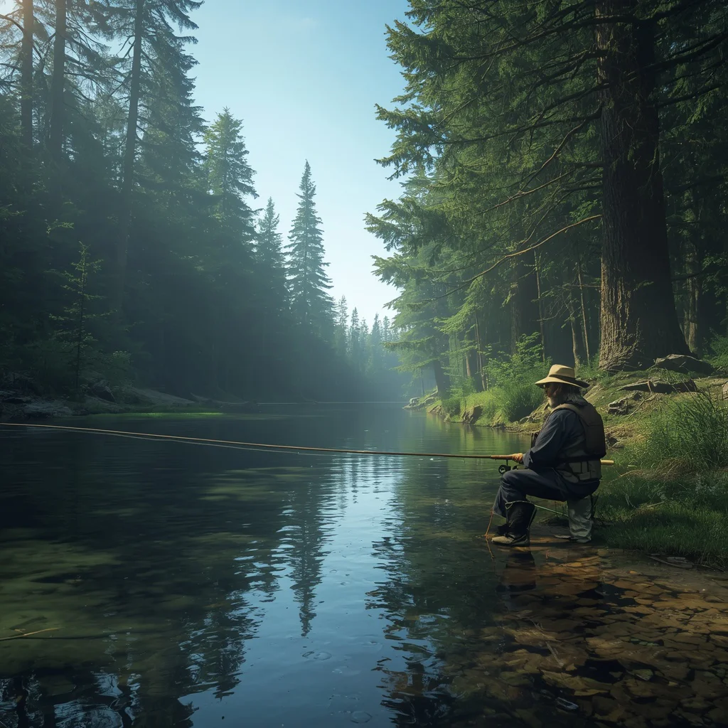 Man Fishing on a Serene River in a Dense Forest — AI image prompt