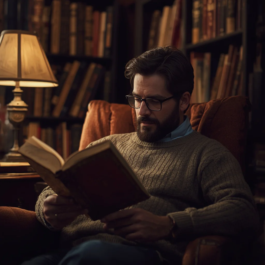 Man in a Cozy Bookstore Engaged in a Deep Read — AI image prompt
