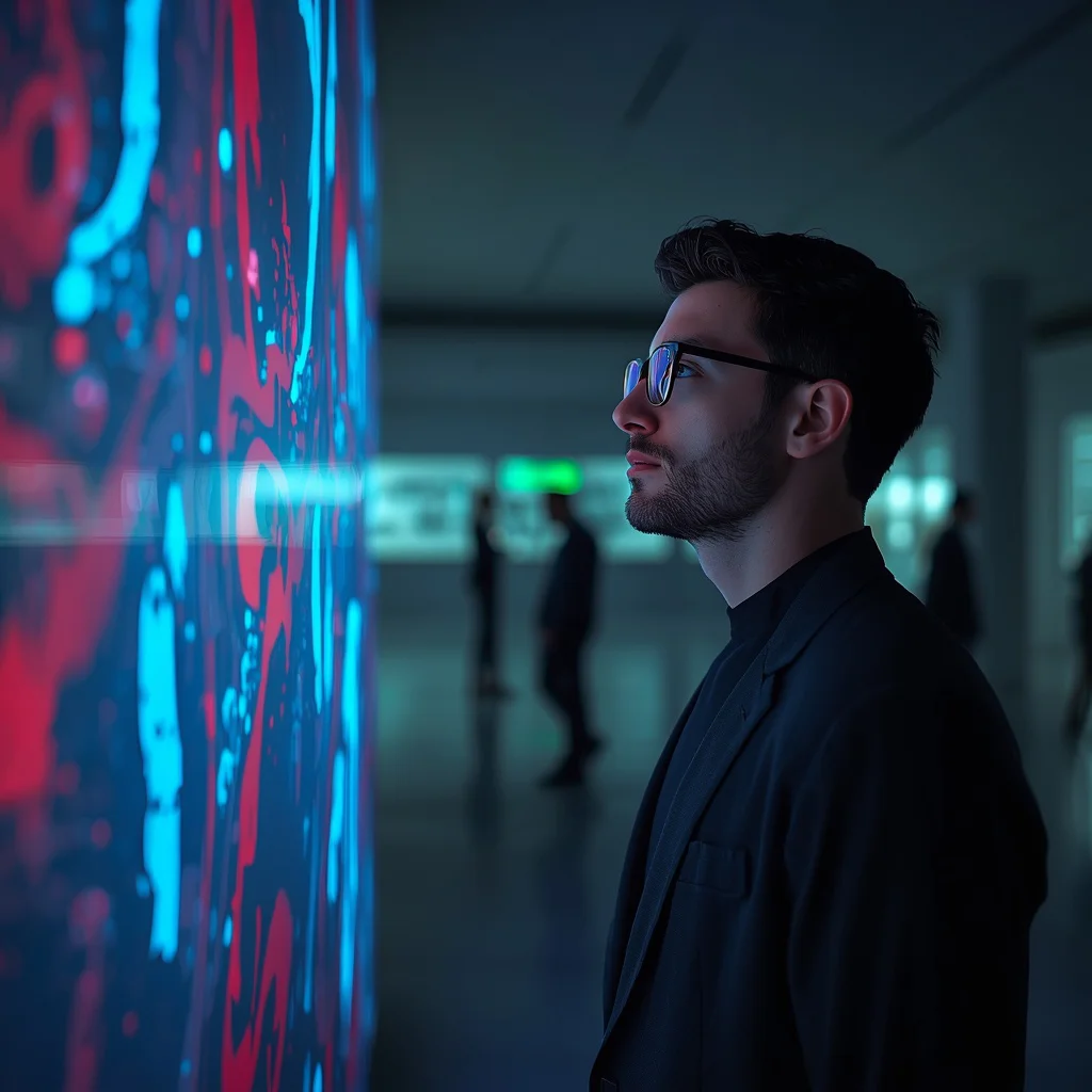 Man in a Modern Art Gallery Contemplating a Digital Installation — AI image prompt