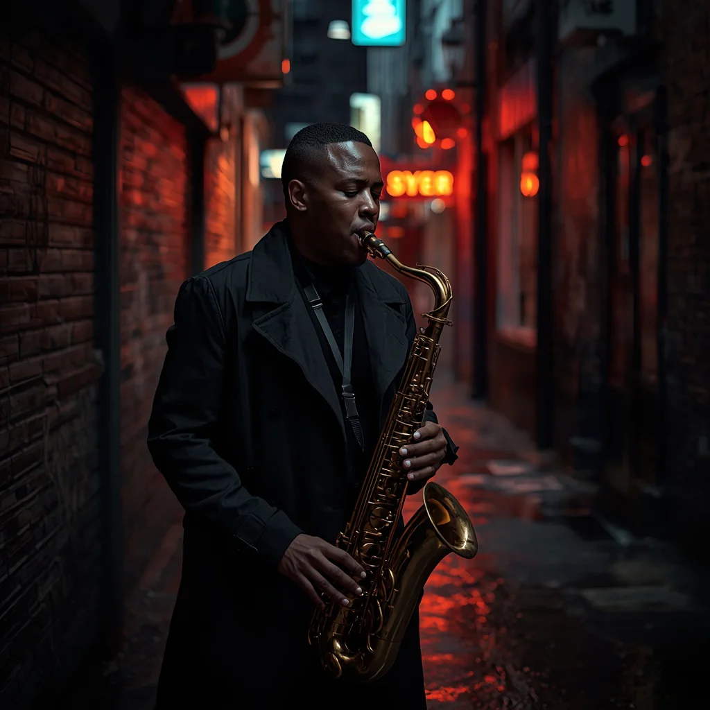 Man Playing Saxophone in a Moody Alley with Neon Lights — AI image prompt