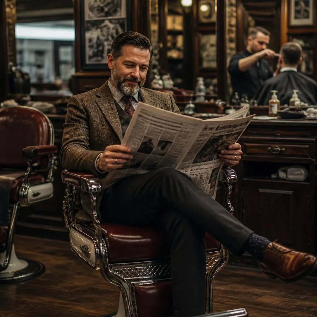 Man Reading a Newspaper in a Classic Barber Shop Chair — AI image prompt