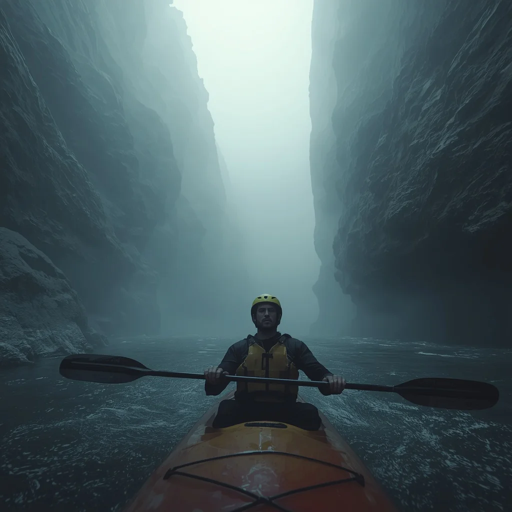 Man Riding a Kayak Through a Misty River in a Canyon — AI image prompt