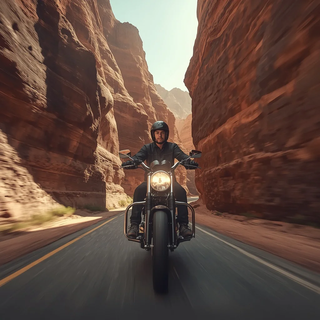 Man Riding a Motorcycle Through a Dramatic Desert Canyon — AI image prompt
