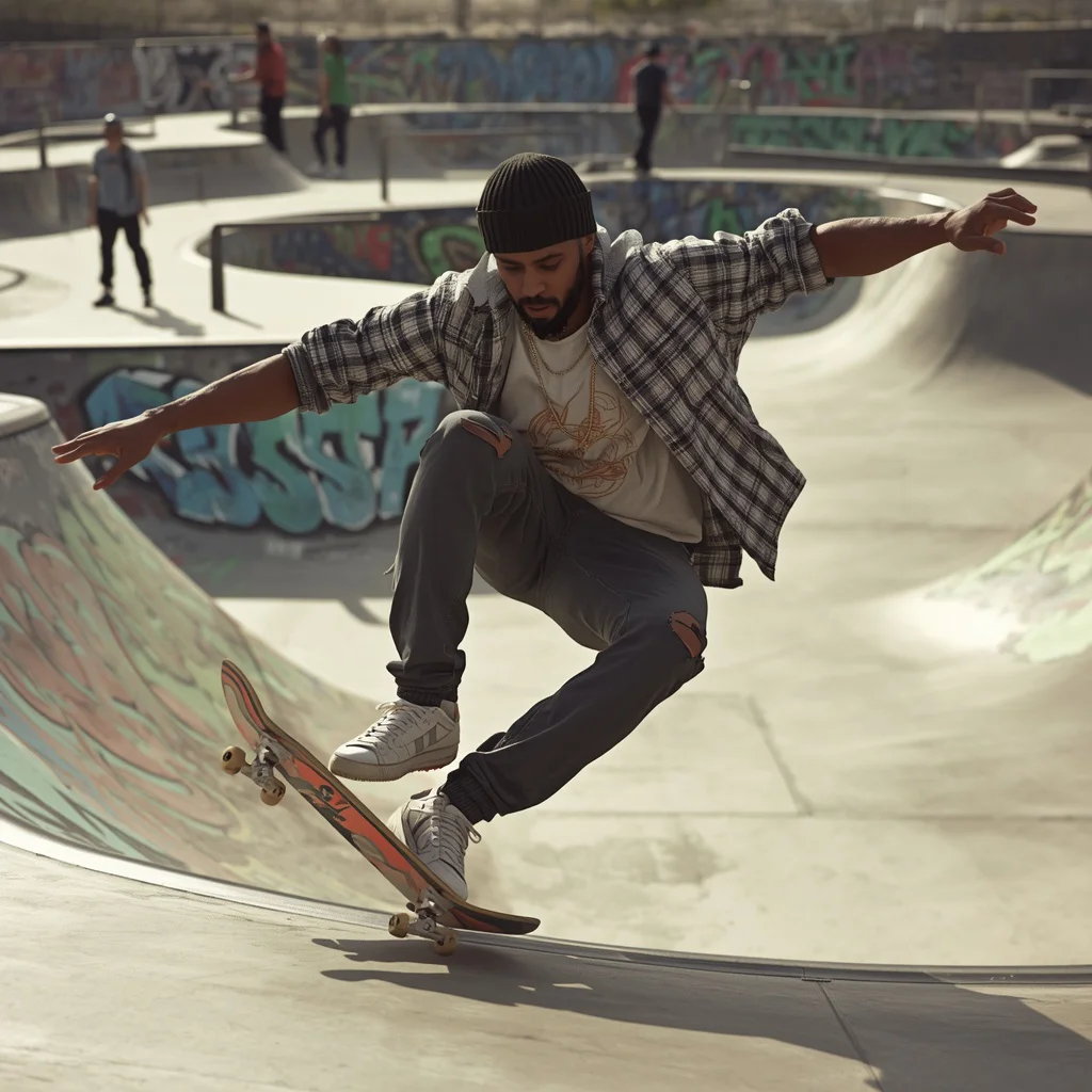 Man Riding a Skateboard Through a Vibrant Urban Skate Park — AI image prompt
