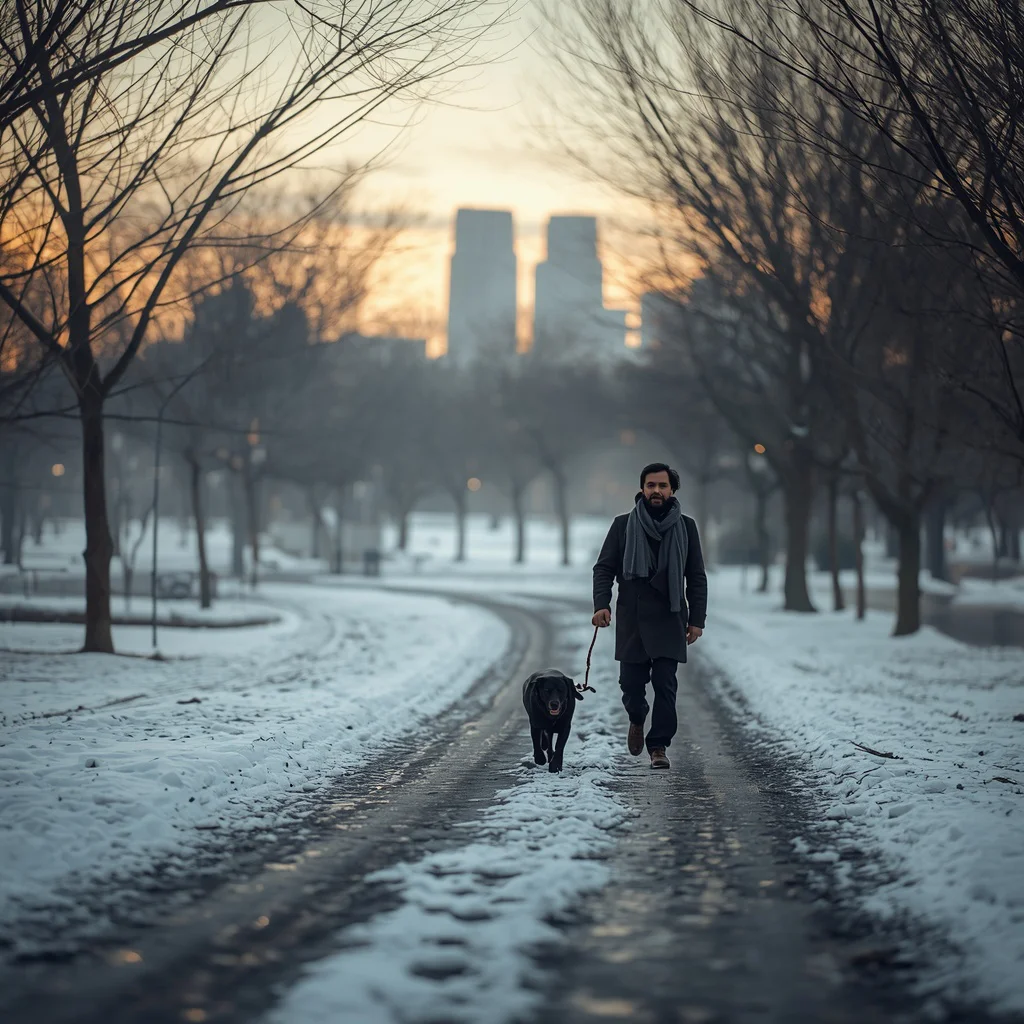Man Walking a Dog Through a Snowy Urban Park at Dawn — AI image prompt
