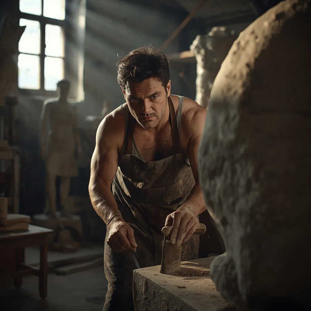 Man Working in a Sculptor's Studio with Focused Expression — AI image prompt