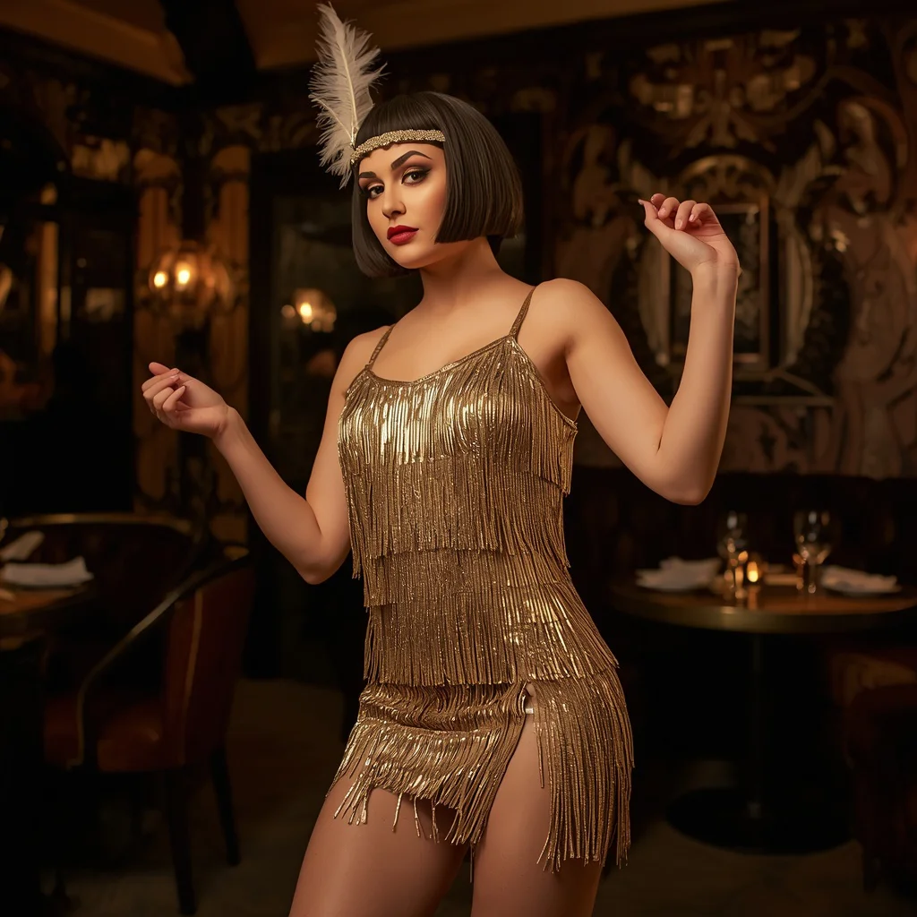 Modern Art Deco in a Gold Fringe Mini Dress — AI image prompt