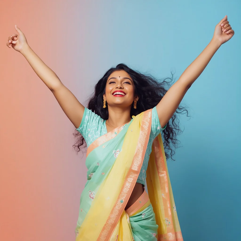 Playful Indian Woman with Arms Up in a Whimsical Pastel Saree — AI image prompt