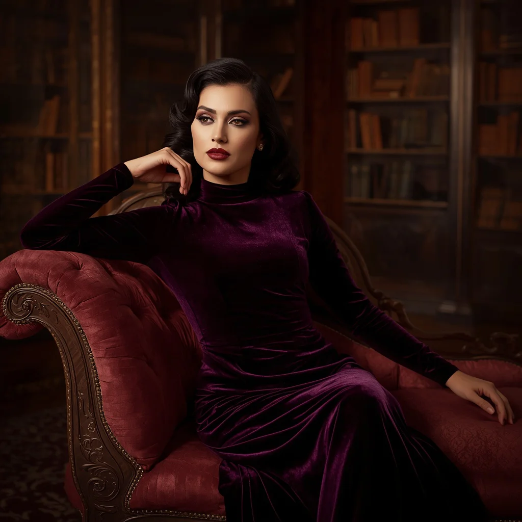 Regal Charm in a Deep Purple Velvet Maxi Dress — AI image prompt