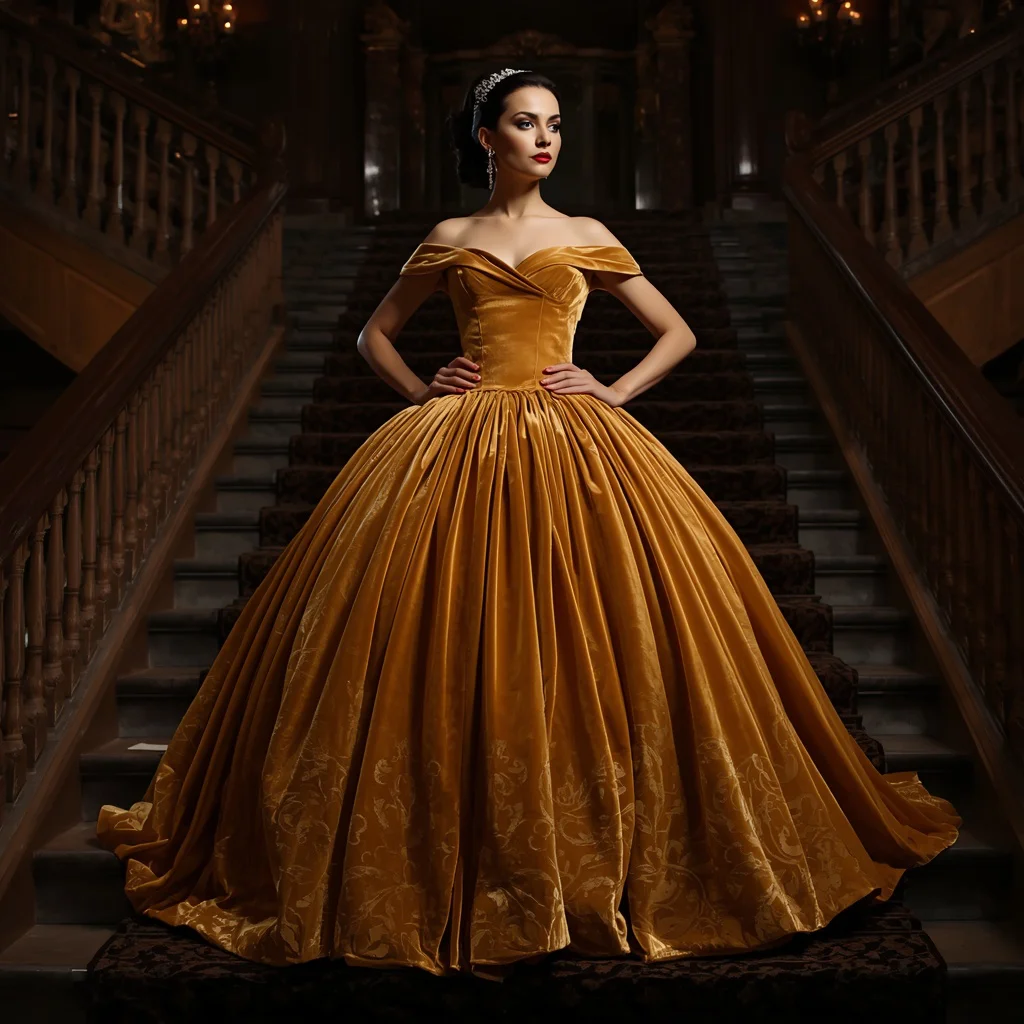 Regal Confidence in a Gold Velvet Ball Gown — AI image prompt