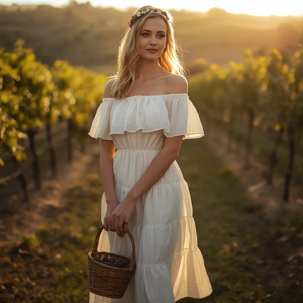 Romantic Allure of a White Linen Off-Shoulder Midi Dress — AI image prompt