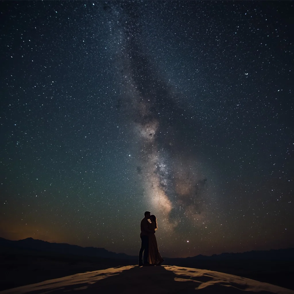 Romantic Couple Embracing Under a Starry Desert Sky — AI image prompt