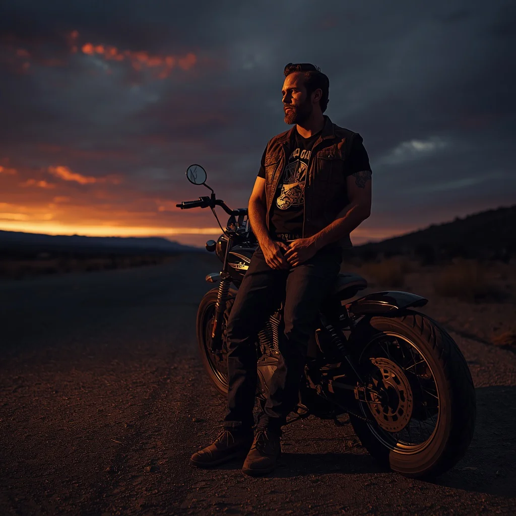 Rugged Biker's Roadside Contemplation at Dusk — AI image prompt