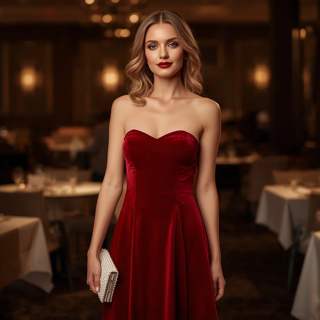 Sophisticated Charm in a Red Velvet Strapless Midi — AI image prompt
