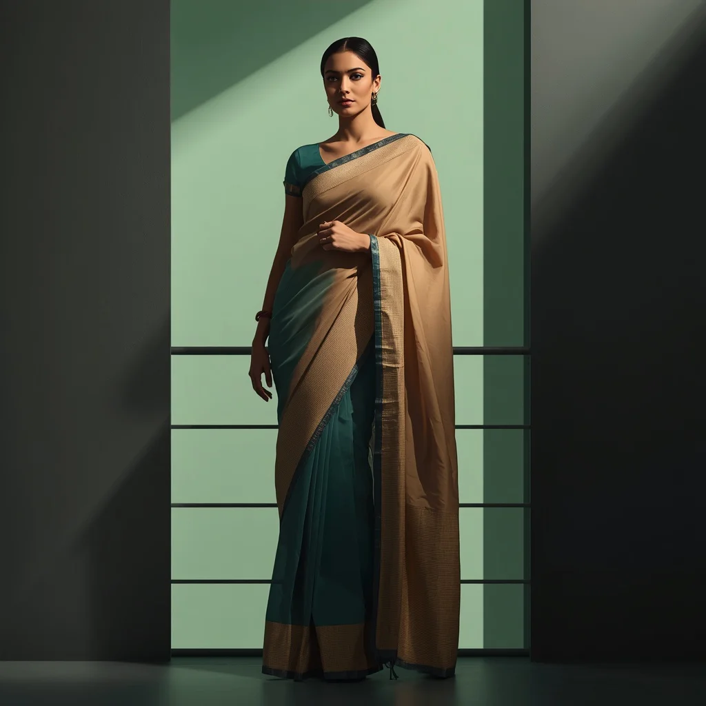 Sophisticated Indian Woman with Architectural Lines in a Structured Pastel Saree — AI image prompt