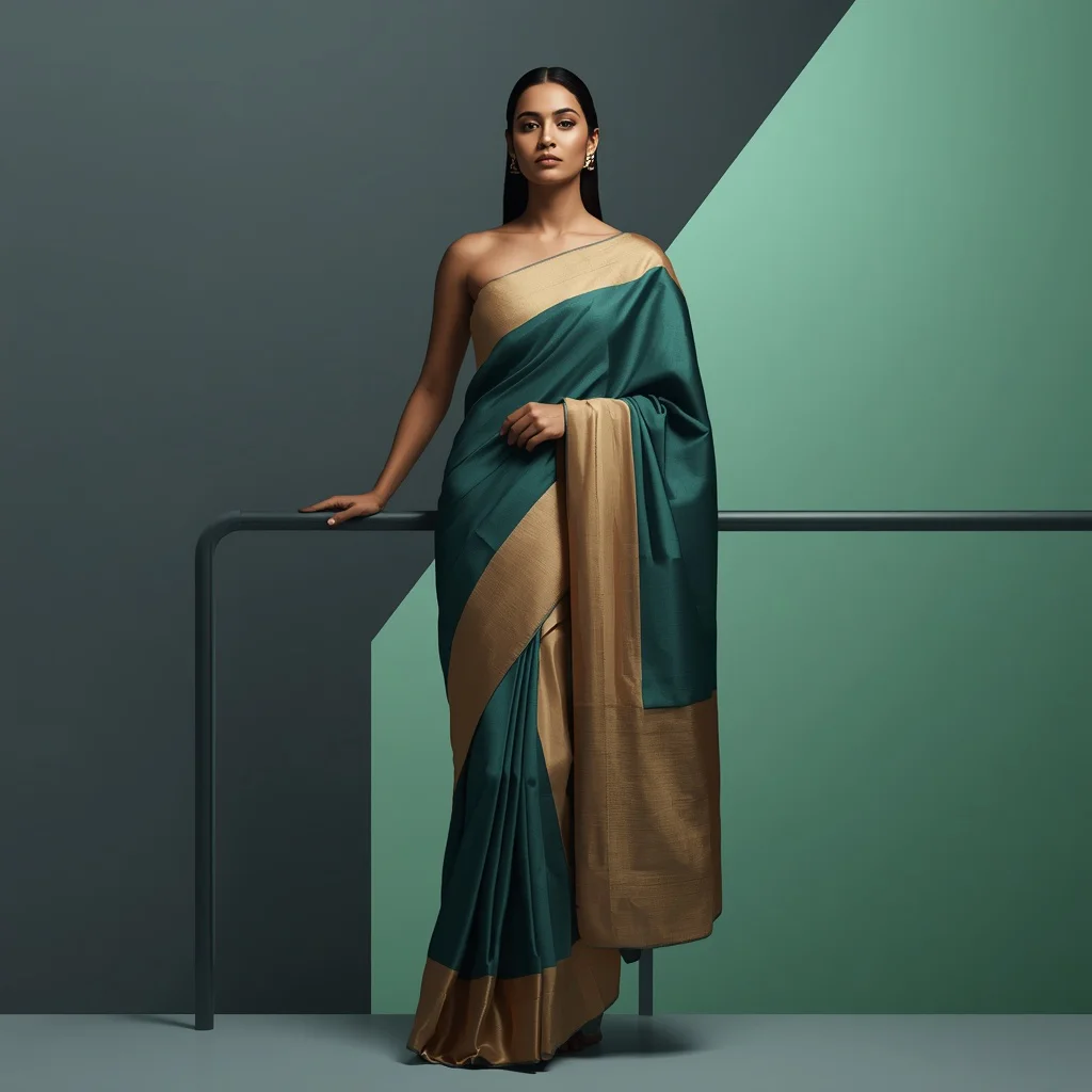 Sophisticated Indian Woman with Architectural Lines in a Structured Pastel Saree — AI image prompt