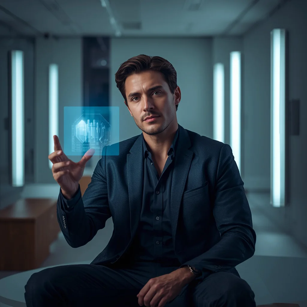 The Tech Innovator: Visionary Man in a Futuristic Office — AI image prompt