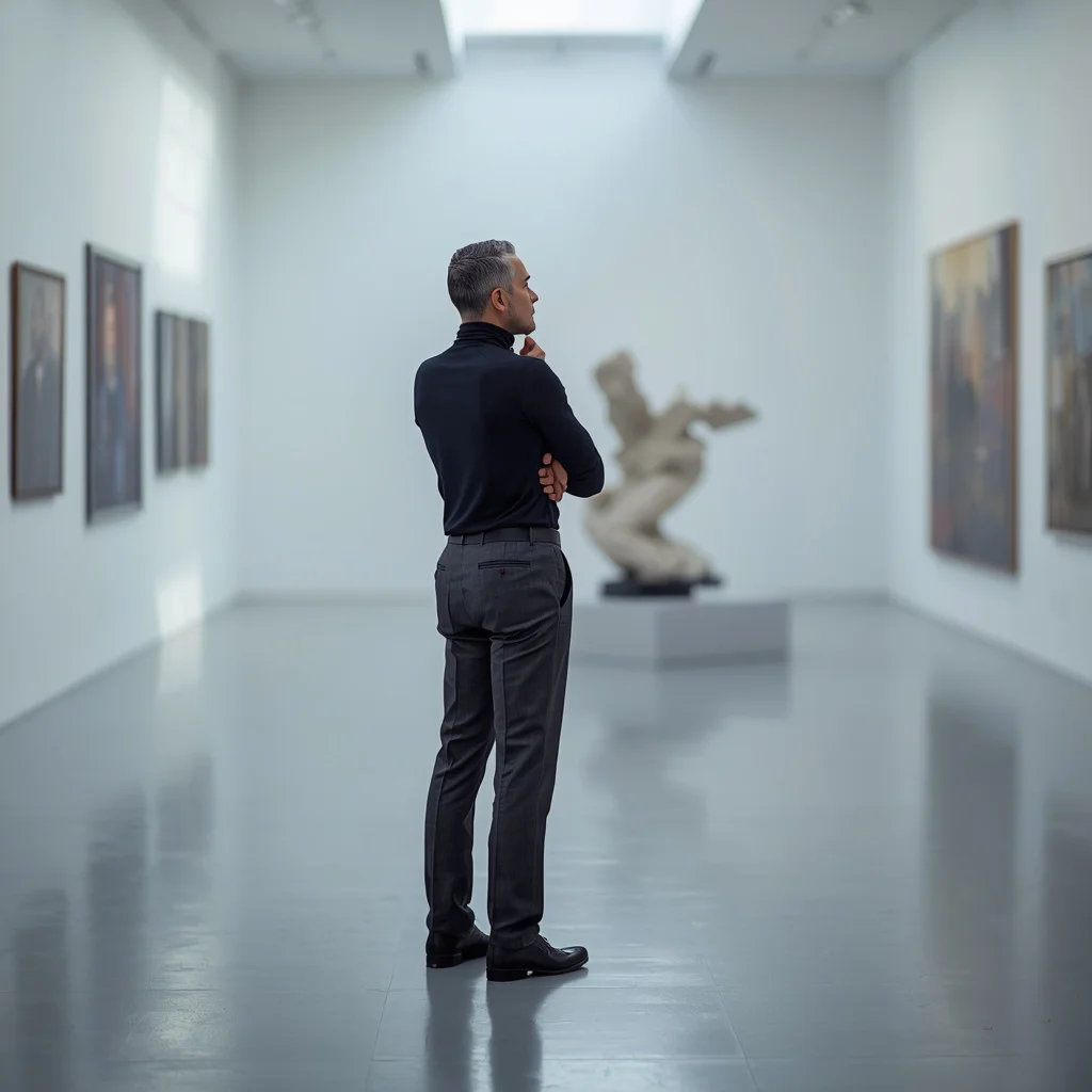 The Thinker: Pensive Man in a Modern Art Gallery — AI image prompt