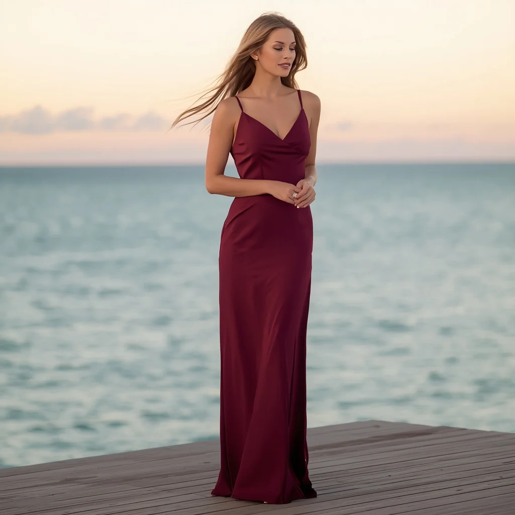 Timeless Elegance in a Burgundy Column Maxi Dress — AI image prompt